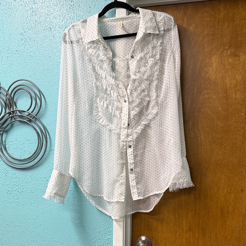 Free People Sheer White Ruffle Blouse